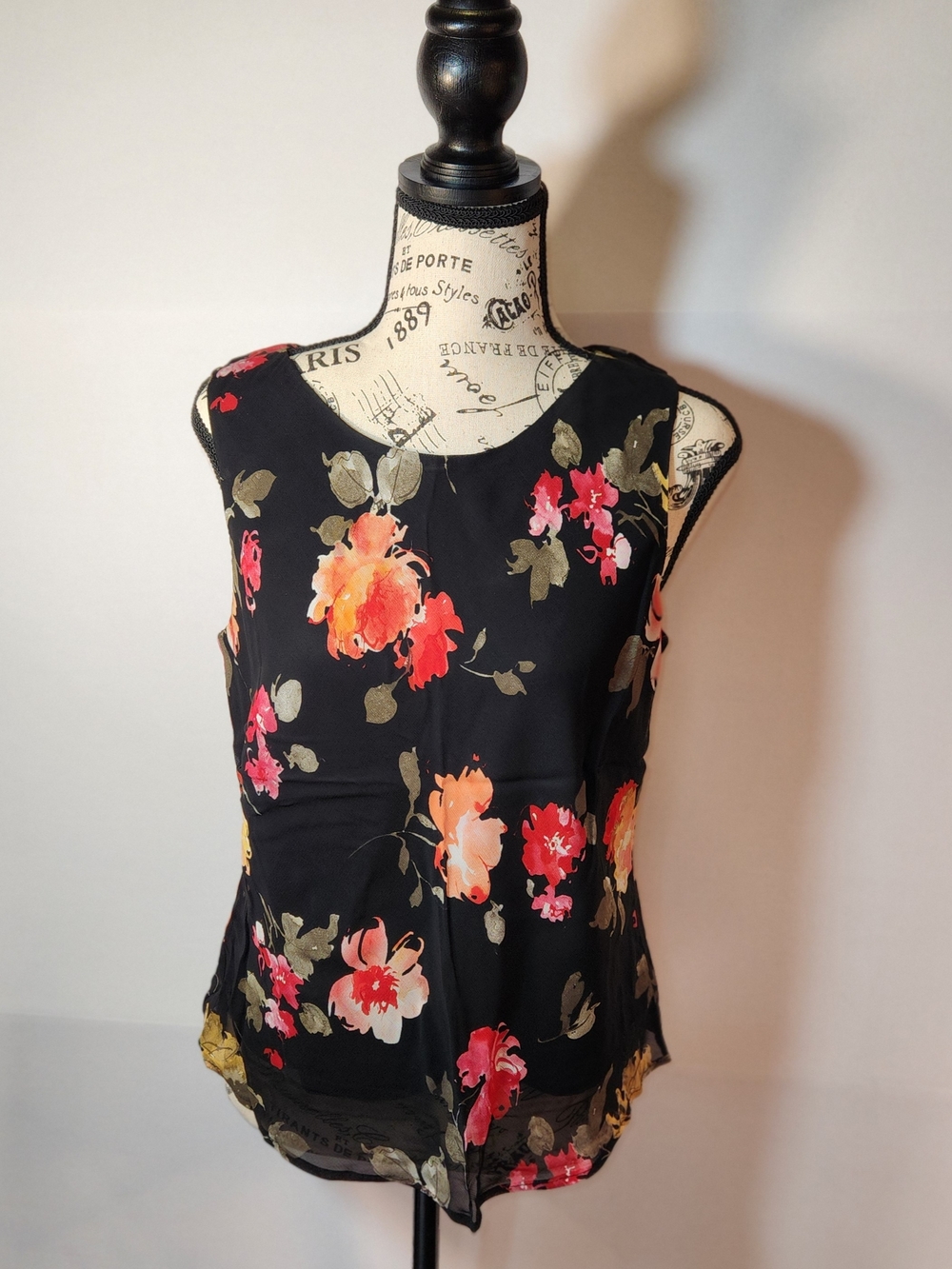 Petite Sophisticate Black Floral Camisole with Pink and Orange Flowers